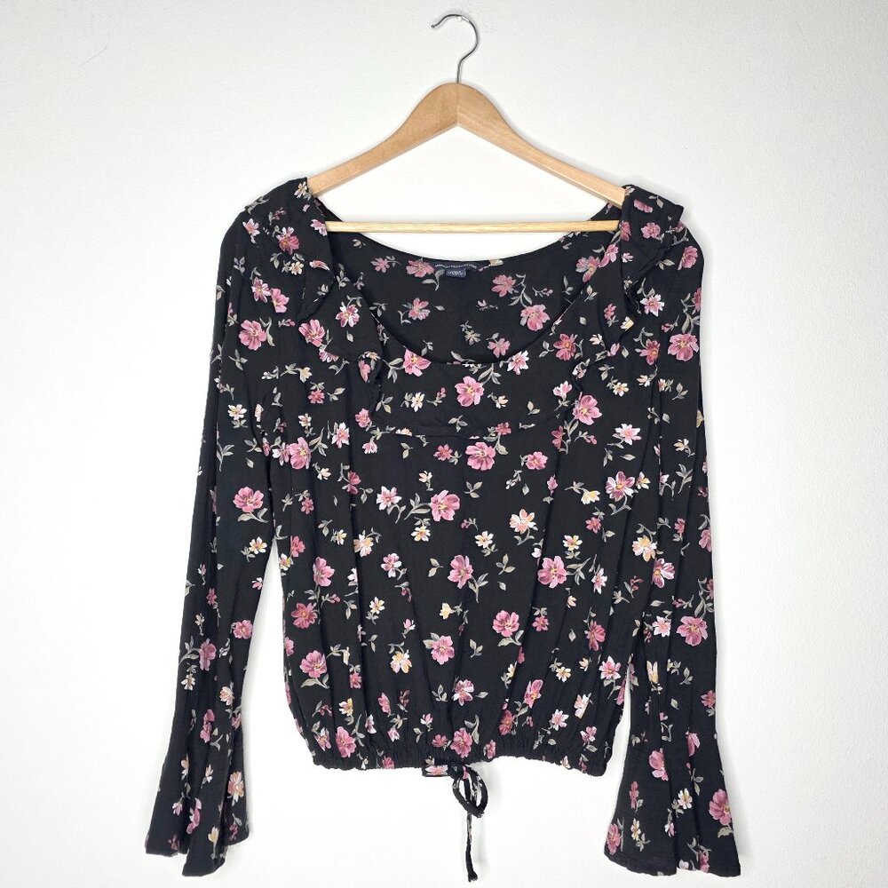 American Eagle Floral Ruffle Bell Sleeve Blouse Black Pink Boho Crop Top